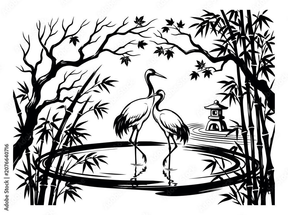 Obraz premium Woodcut illustration of two cranes depicting a serene Japanese garden with bamboo and stone lantern for Asian art design