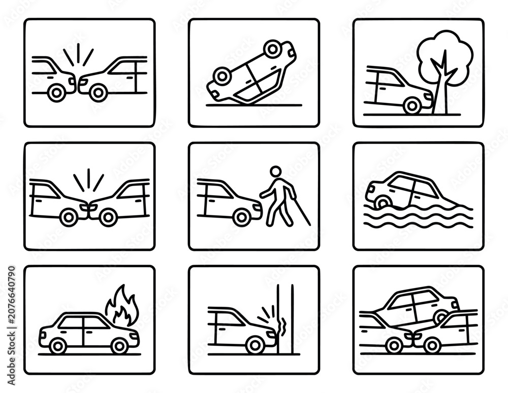 Fototapeta premium Outline icon set of 9 car accident types featuring collision, rollover, flood, fire and pedestrian incidents for insurance design