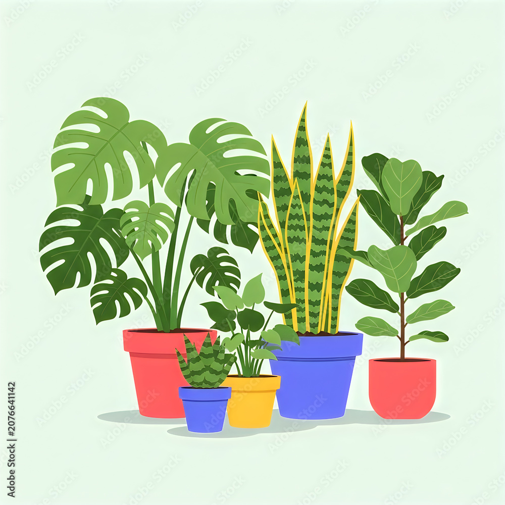 Fototapeta premium Tropical green house plants in colorful pots on shelf