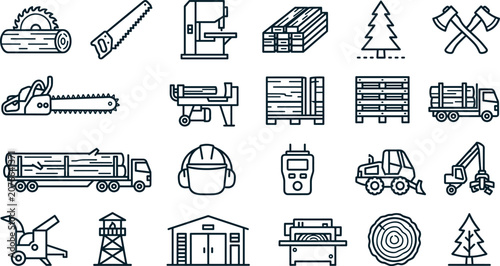 Sawmill and Logging Industry Line Icon Set with Wood Timber Processing, Lumberjack Axes, Chainsaw Tools, and Forestry Machinery Symbols for Industrial Vector Graphics