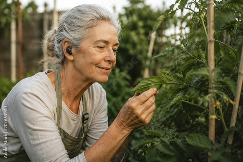 Older woman using an AI voice assistant through a wireless earbud while caring for plants in a vegetable garden