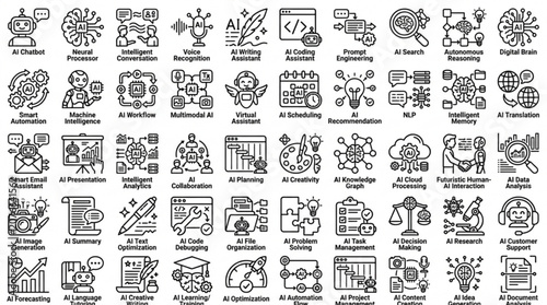 Various business and technology icons are displayed in a grid.