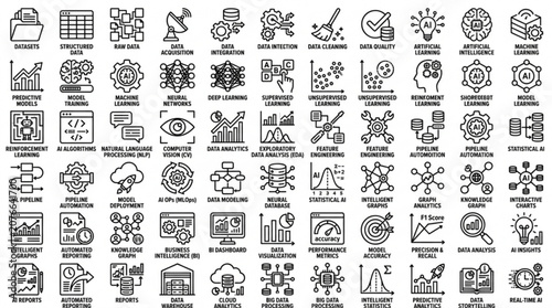 The illustration showcases various science and technology icons on a white background.