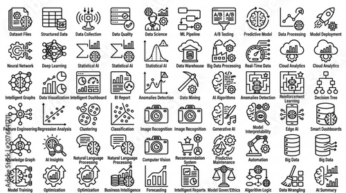 A collection of various business and technology icons are displayed.