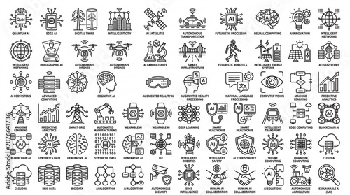 A collection of various technology and science icons are shown.
