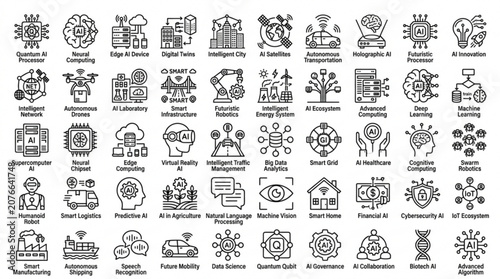 The infographic showcases various modern business and technology icons on a white background.