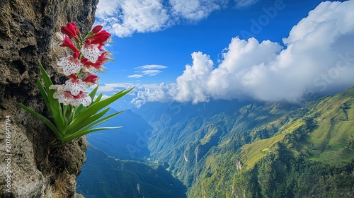 Wild orchid on mountain cliff, valley view, natural beauty