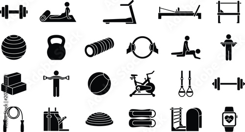 Fitness and pilates gym equipment icon set with workout training symbols and exercise vector illustrations