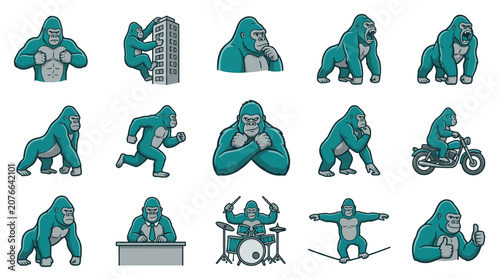 Photography Gorilla mascots performing various human activities.