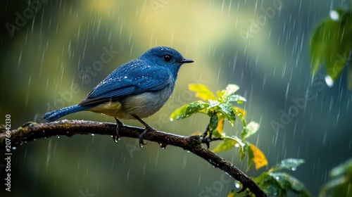 Blue bird in rain, perched on branch, lush foliage background, nature scene