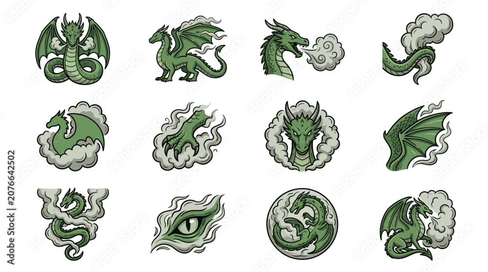 Naklejka premium Green dragon emblem set with clouds and circular motifs