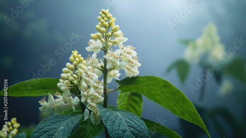 Delicate white flowers in a misty garden