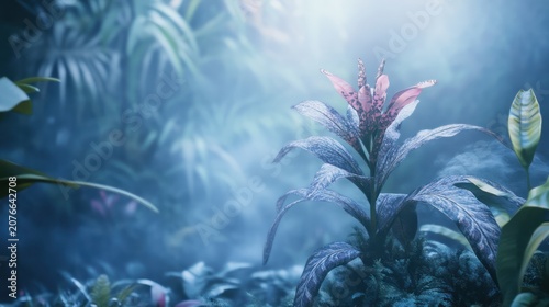 Misty jungle flower, lush foliage, hidden light, decorative image