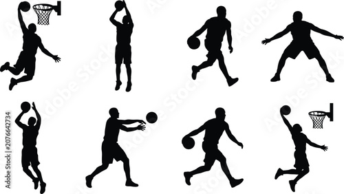 Obraz na płótnie Basketball Player Action Black Silhouette Bundle with Dribbling Shooting Dunking