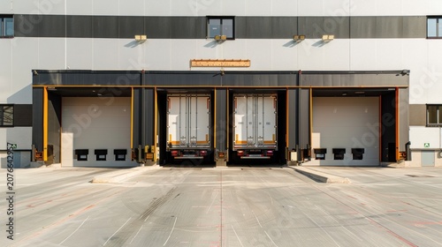 A large industrial warehouse with three open doors, each housing a truck.  