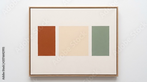 Ultra-minimalist abstract composition featuring three distinct color blocks in earthy tones on a clean white canvas