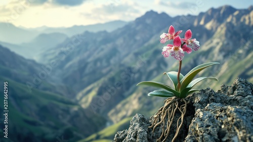 Pink orchid on mountain peak, nature, beauty, inspiring