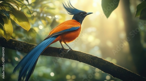 Vibrant bird perched in lush forest, natural light
