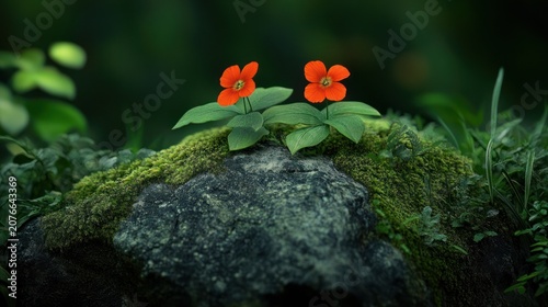 Two orange flowers on mossy rock, nature background, peaceful scene, suitable for desktop wallpaper