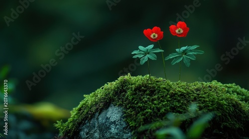 Red flowers on mossy rock in forest (2)