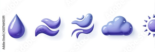 Set of Weather Icons - Water Drop, Wind, Cloud, and Sun.