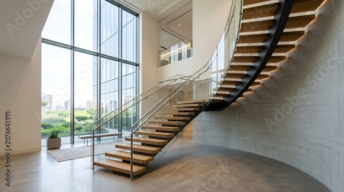 Modern wood and metal spiral staircase in a bright contemporary home with large windows