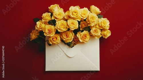 Yellow roses in white envelope on red background (2)