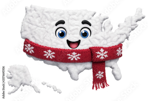 A children's cartoon map of the United States, featuring a smiling face and scarf, on a white background. 