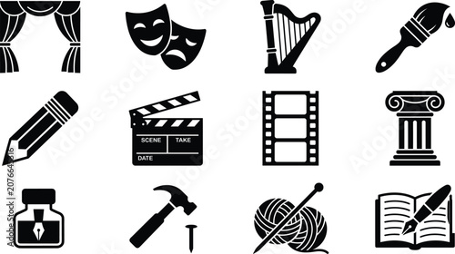 Arts and crafts icon set representing theater cinema literature music painting and fine art vector symbols