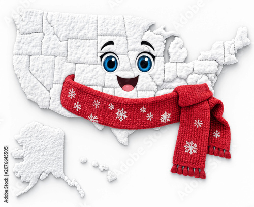 A children's cartoon map of the United States of America depicts a child wearing a red scarf during a harsh North American winter.  