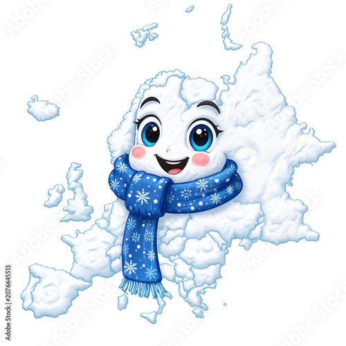 Cartoon map of Europe wearing a winter scarf on a white background 