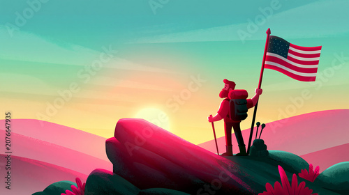 Hiker Holding American Flag on Mountain Summit at Sunrise