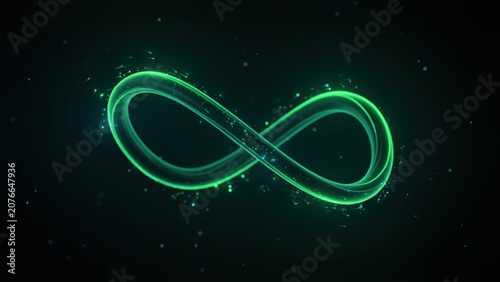 Magical green glowing neon infinity symbol with sparkling dust particles on dark background.