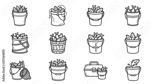 Foto Black outline fishing buckets and bait containers.