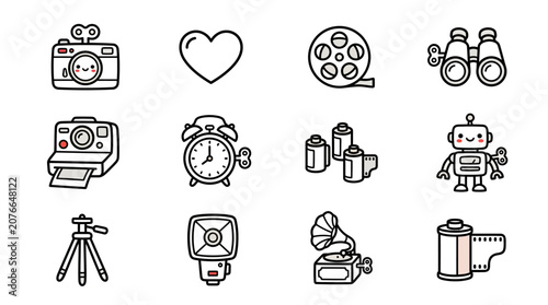 Slika na platnu Black outline wind-up technology and camera icons.