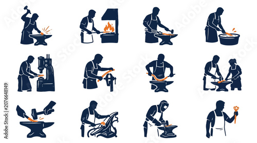 Foto Blacksmith craftsmen working at anvil silhouettes.