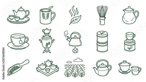 Tableau sur toile Black tea culture and ceremony line icon set.