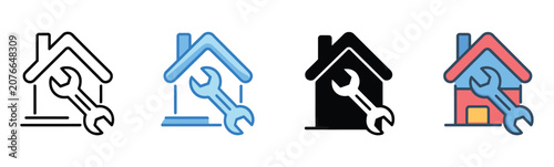 Foto House property icon set, minimalist vector featuring four house symbols with integrated wrench, varied stroke thickness and color styles, real estate maintenance, home repair service branding concept