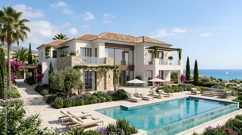 Fototapeta premium Luxury Villa Estate with Pool, Palm Trees, and Ocean View - Sunny Day