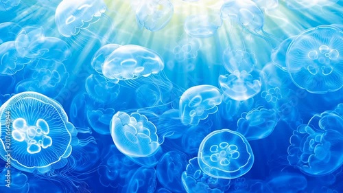 School of translucent jellyfish gracefully drifting in sunlit ocean waters