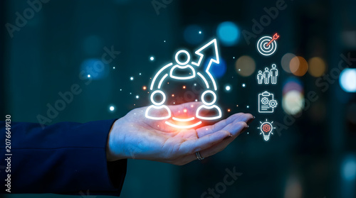 Business Team Growth Concept With Hand Holding Digital Network Icons And Leadership Arrow