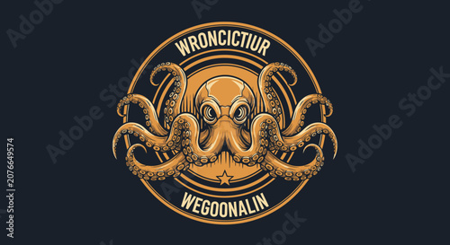 Vintage Octopus Illustration with Circular Badge Design