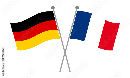 Crossed national flags of Germany and France on flagpoles representing diplomatic relations, international partnership and geopolitical cooperation vector illustration