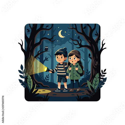 The Image Shows Two Children A Boy And A Girl Standing In A Forest At