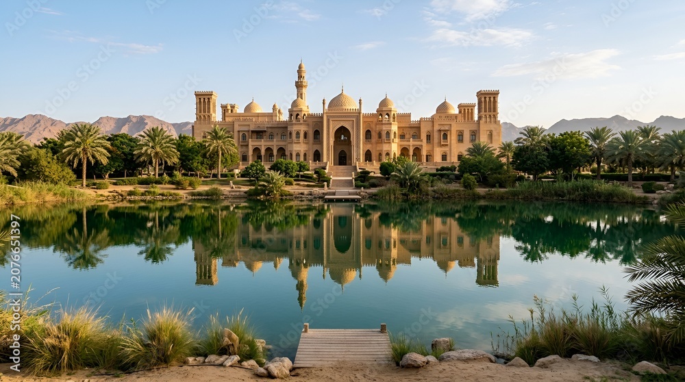 Obraz premium Majestic Oasis Palace Reflection in Tranquil Lake at Dawn
