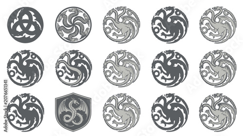 Bild auf Leinwand Grey dragon knot medallions and shield icons.