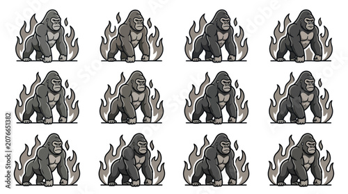 Konstfotografi Grey gorilla mascots standing within intense fire flames.