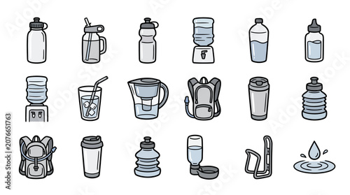 Canvas Print Hydration and water bottle outline icon collection.