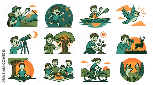 Konstfotografi Illustrations of people participating in nature-based hobbies.