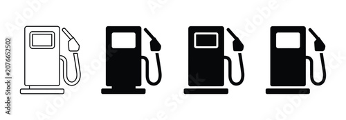 Foto Fuel pump icon set, vector illustration featuring gas station dispenser symbols for petrol, diesel, and energy service, outline and solid styles, isolated on transparent background